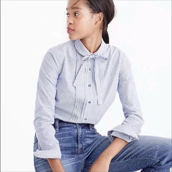 J. Crew Striped Ruffle Tuxedo Neck Tie Blouse 4P - Picture 1 of 11